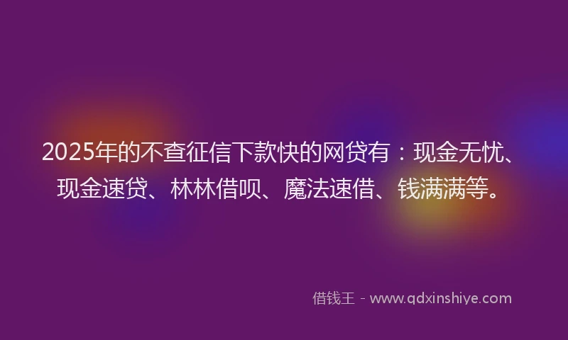 2025年的不查征信下款快的网贷有：现金无忧、现金速贷、林林借呗、魔法速借、钱满满等。