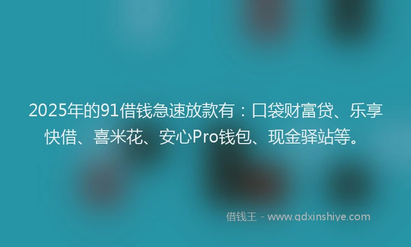 2025年的91借钱急速放款有：口袋财富贷、乐享快借、喜米花、安心Pro钱包、现金驿站等。
