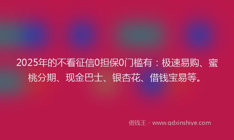 2025年的不看征信0担保0门槛有：极速易购、蜜桃分期、现金巴士、银杏花、借钱宝易等。