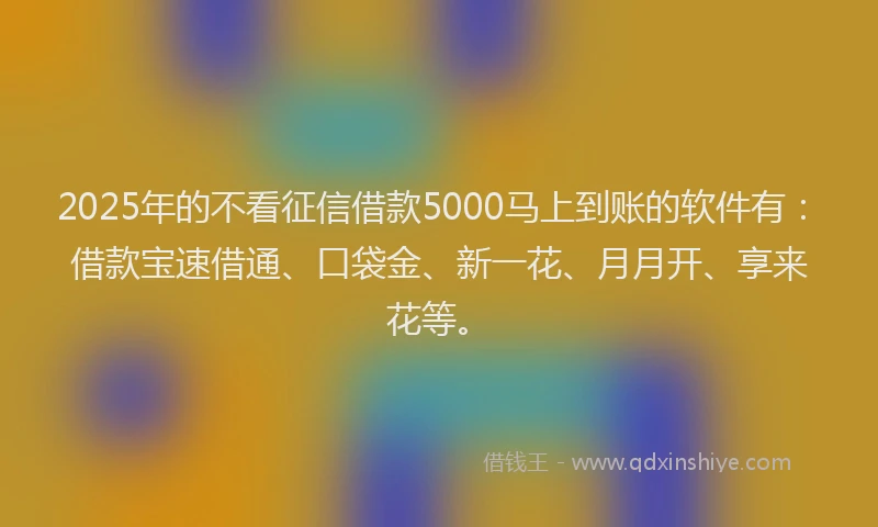 2025年的不看征信借款5000马上到账的软件有：借款宝速借通、口袋金、新一花、月月开、享来花等。
