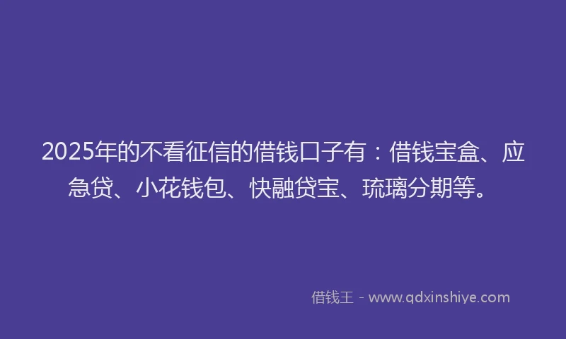 2025年的不看征信的借钱口子有：借钱宝盒、应急贷、小花钱包、快融贷宝、琉璃分期等。