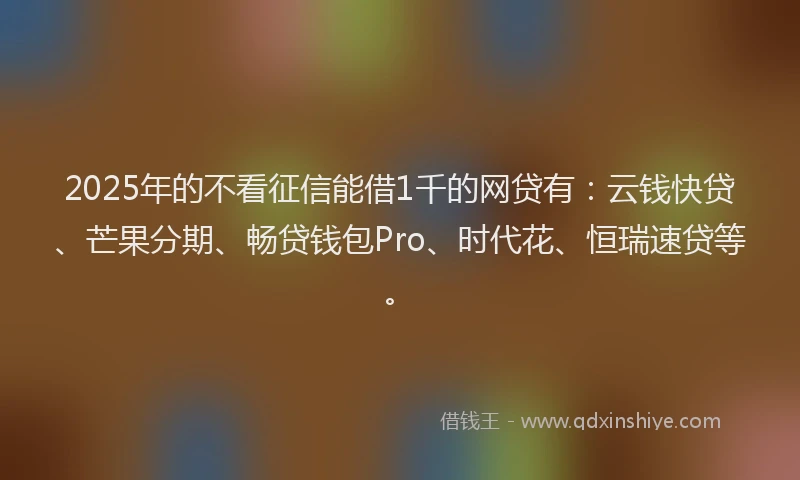 2025年的不看征信能借1千的网贷有：云钱快贷、芒果分期、畅贷钱包Pro、时代花、恒瑞速贷等。
