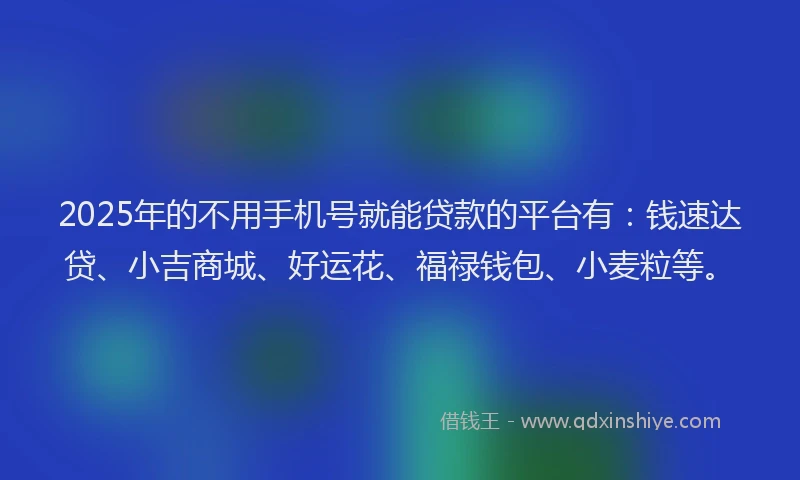 2025年的不用手机号就能贷款的平台有：钱速达贷、小吉商城、好运花、福禄钱包、小麦粒等。