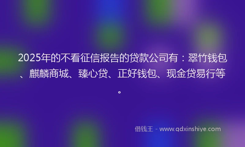 2025年的不看征信报告的贷款公司有：翠竹钱包、麒麟商城、臻心贷、正好钱包、现金贷易行等。