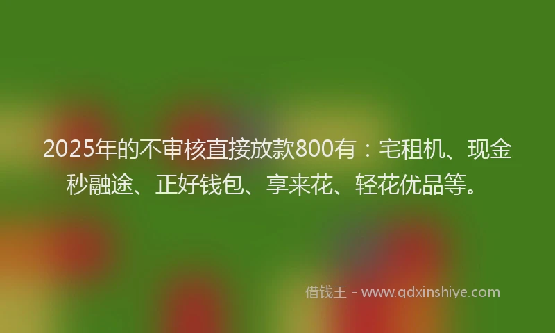 2025年的不审核直接放款800有：宅租机、现金秒融途、正好钱包、享来花、轻花优品等。