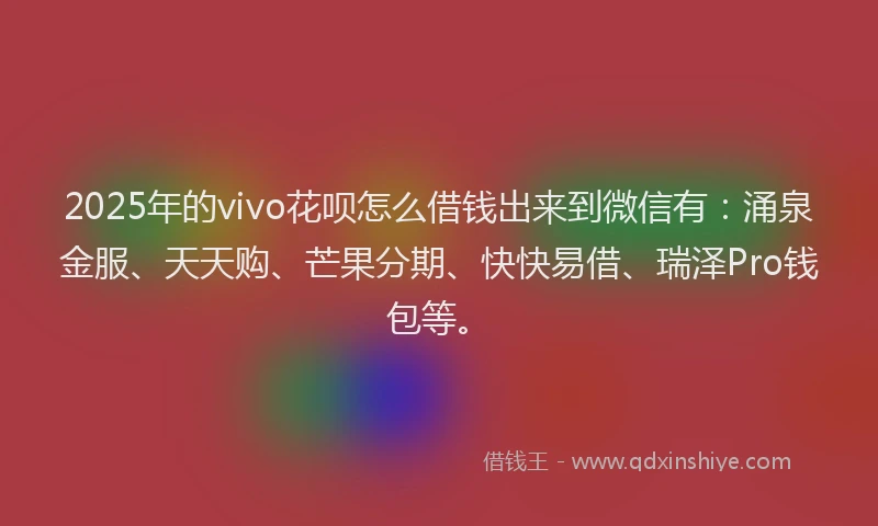 2025年的vivo花呗怎么借钱出来到微信有：涌泉金服、天天购、芒果分期、快快易借、瑞泽Pro钱包等。