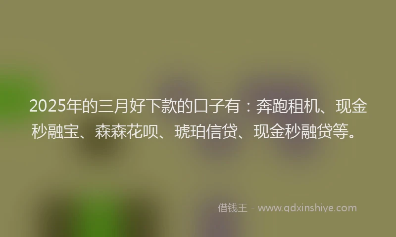 2025年的三月好下款的口子有：奔跑租机、现金秒融宝、森森花呗、琥珀信贷、现金秒融贷等。