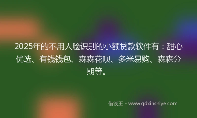 2025年的不用人脸识别的小额贷款软件有：甜心优选、有钱钱包、森森花呗、多米易购、森森分期等。