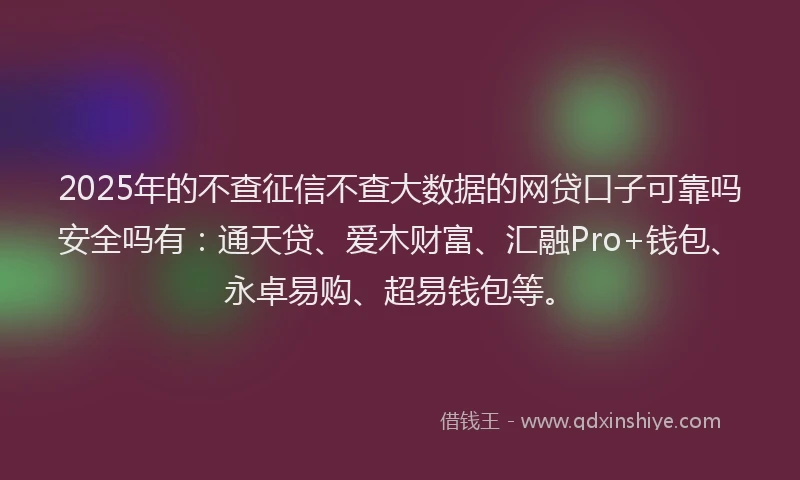 2025年的不查征信不查大数据的网贷口子可靠吗安全吗有：通天贷、爱木财富、汇融Pro+钱包、永卓易购、超易钱包等。