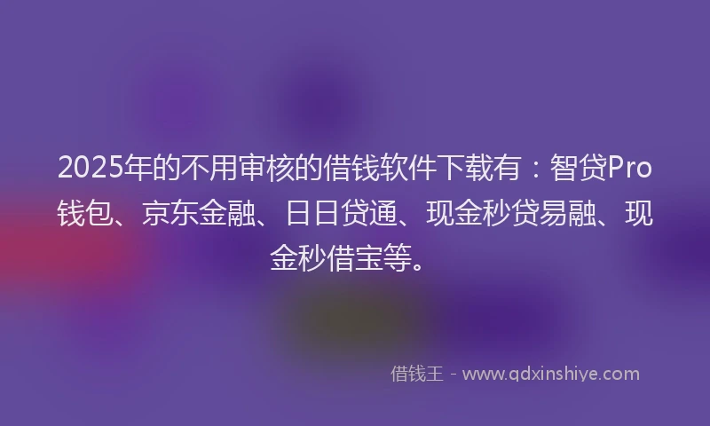 2025年的不用审核的借钱软件下载有：智贷Pro钱包、京东金融、日日贷通、现金秒贷易融、现金秒借宝等。