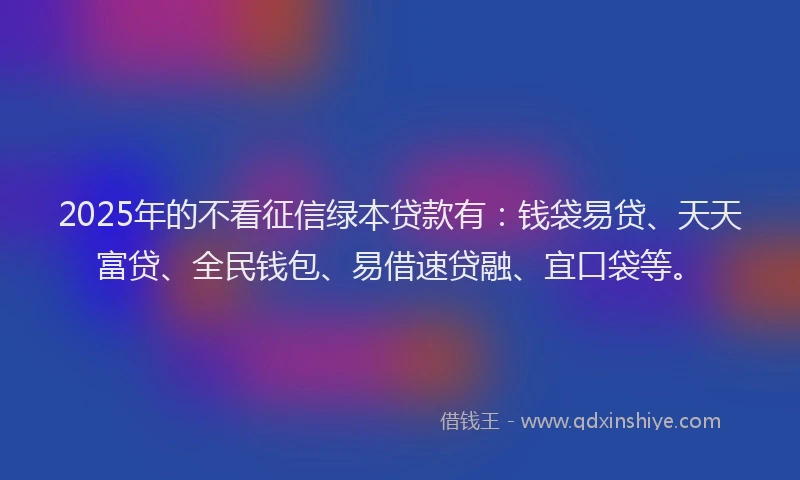 2025年的不看征信绿本贷款有：钱袋易贷、天天富贷、全民钱包、易借速贷融、宜口袋等。