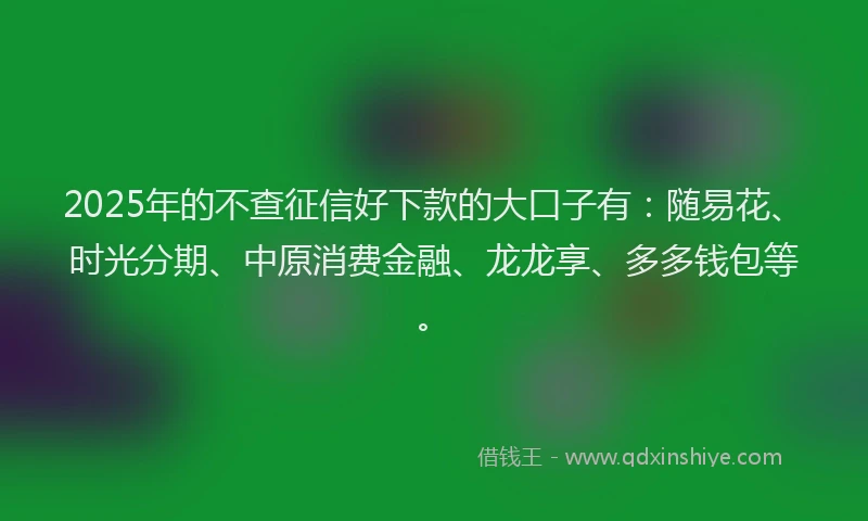 2025年的不查征信好下款的大口子有：随易花、时光分期、中原消费金融、龙龙享、多多钱包等。