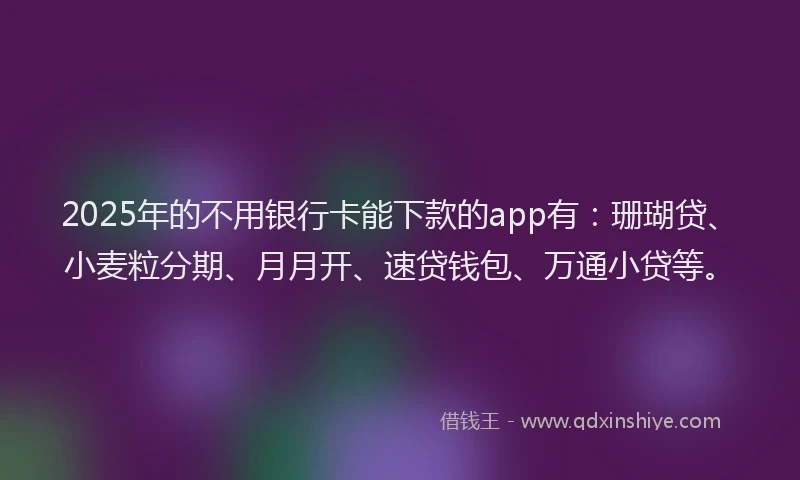 2025年的不用银行卡能下款的app有：珊瑚贷、小麦粒分期、月月开、速贷钱包、万通小贷等。