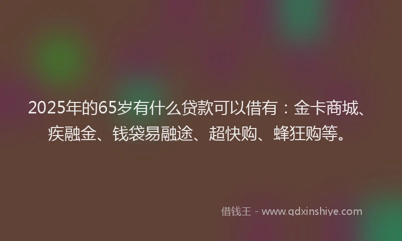 2025年的65岁有什么贷款可以借有：金卡商城、疾融金、钱袋易融途、超快购、蜂狂购等。