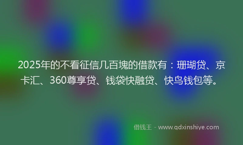 2025年的不看征信几百塊的借款有：珊瑚贷、京卡汇、360尊享贷、钱袋快融贷、快鸟钱包等。