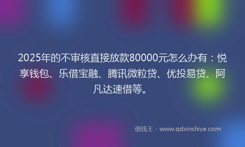2025年的不审核直接放款80000元怎么办有：悦享钱包、乐借宝融、腾讯微粒贷、优投易贷、阿凡达速借等。