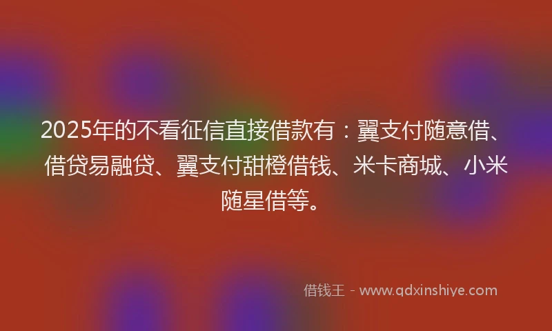 2025年的不看征信直接借款有：翼支付随意借、借贷易融贷、翼支付甜橙借钱、米卡商城、小米随星借等。