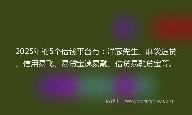 2025年的5个借钱平台有：洋葱先生、麻袋速贷、信用易飞、易贷宝速易融、借贷易融贷宝等。