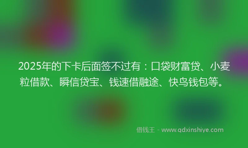 2025年的下卡后面签不过有：口袋财富贷、小麦粒借款、瞬信贷宝、钱速借融途、快鸟钱包等。