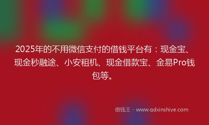 2025年的不用微信支付的借钱平台有：现金宝、现金秒融途、小安租机、现金借款宝、金易Pro钱包等。