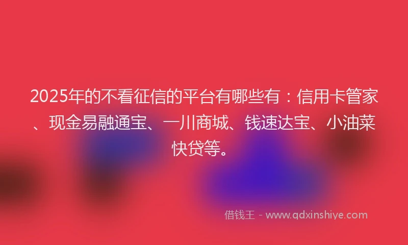2025年的不看征信的平台有哪些有：信用卡管家、现金易融通宝、一川商城、钱速达宝、小油菜快贷等。