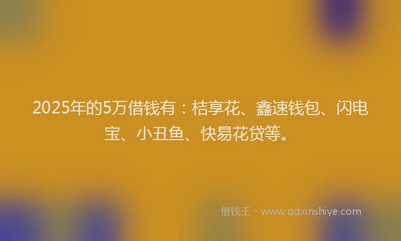 2025年的5万借钱有：桔享花、鑫速钱包、闪电宝、小丑鱼、快易花贷等。