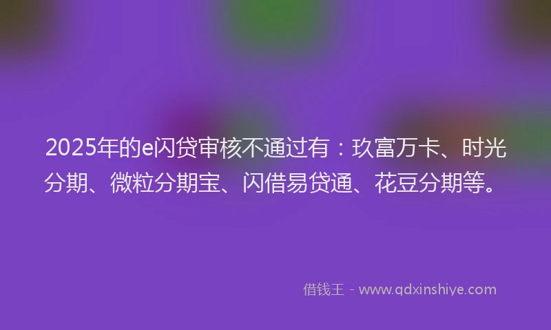 2025年的e闪贷审核不通过有：玖富万卡、时光分期、微粒分期宝、闪借易贷通、花豆分期等。