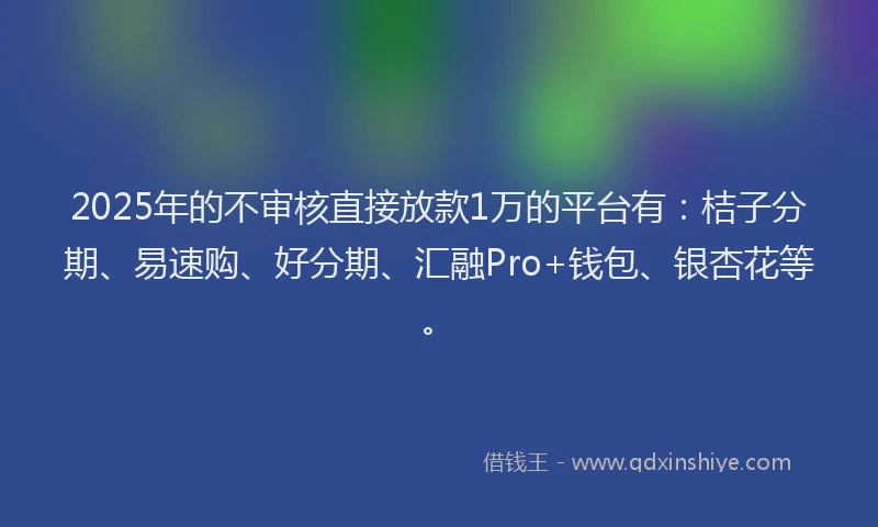 2025年的不审核直接放款1万的平台有：桔子分期、易速购、好分期、汇融Pro+钱包、银杏花等。