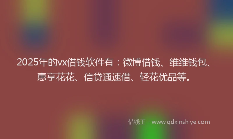 2025年的vx借钱软件有：微博借钱、维维钱包、惠享花花、信贷通速借、轻花优品等。