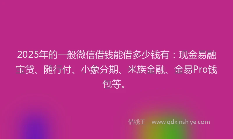 2025年的一般微信借钱能借多少钱有：现金易融宝贷、随行付、小象分期、米族金融、金易Pro钱包等。