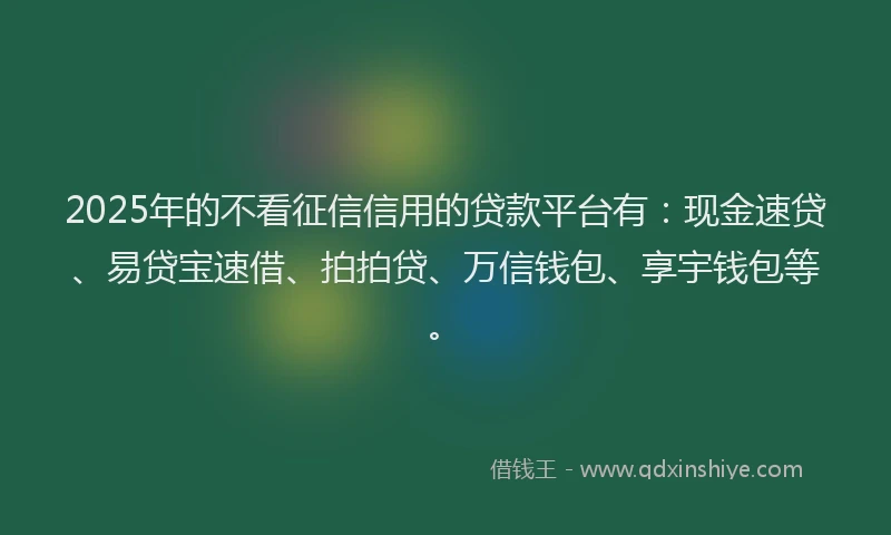 2025年的不看征信信用的贷款平台有：现金速贷、易贷宝速借、拍拍贷、万信钱包、享宇钱包等。