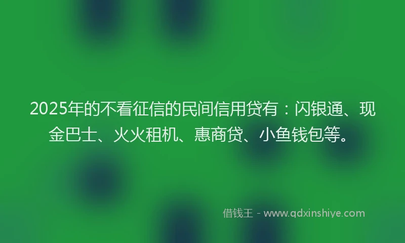 2025年的不看征信的民间信用贷有：闪银通、现金巴士、火火租机、惠商贷、小鱼钱包等。