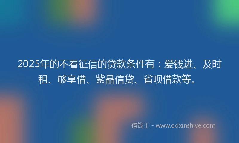 2025年的不看征信的贷款条件有：爱钱进、及时租、够享借、紫晶信贷、省呗借款等。