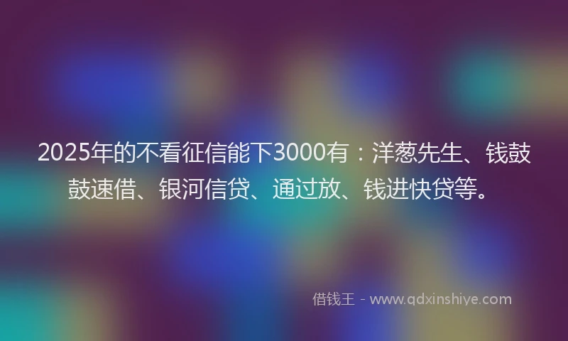 2025年的不看征信能下3000有：洋葱先生、钱鼓鼓速借、银河信贷、通过放、钱进快贷等。