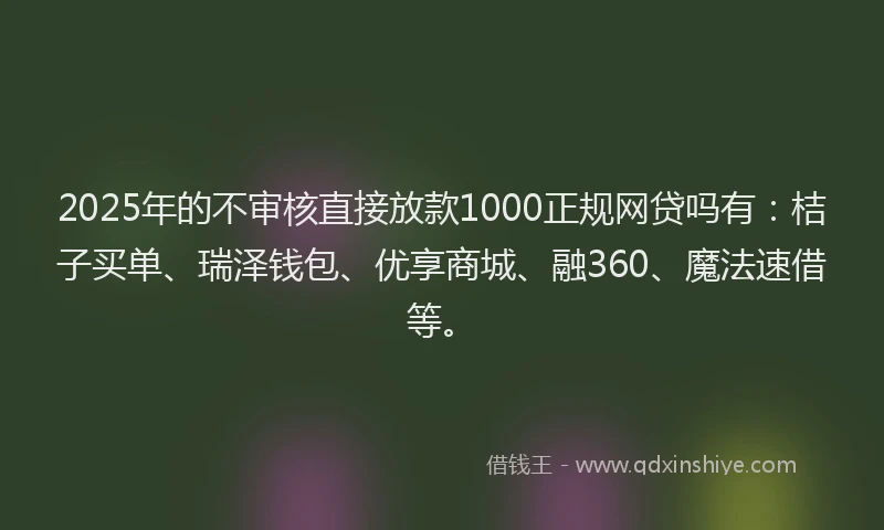 2025年的不审核直接放款1000正规网贷吗有：桔子买单、瑞泽钱包、优享商城、融360、魔法速借等。