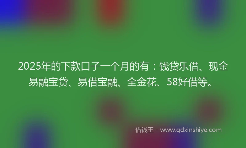 2025年的下款口子一个月的有：钱贷乐借、现金易融宝贷、易借宝融、全金花、58好借等。