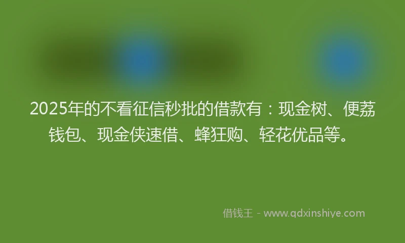 2025年的不看征信秒批的借款有：现金树、便荔钱包、现金侠速借、蜂狂购、轻花优品等。