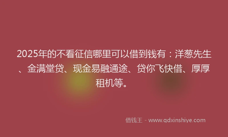 2025年的不看征信哪里可以借到钱有：洋葱先生、金满堂贷、现金易融通途、贷你飞快借、厚厚租机等。