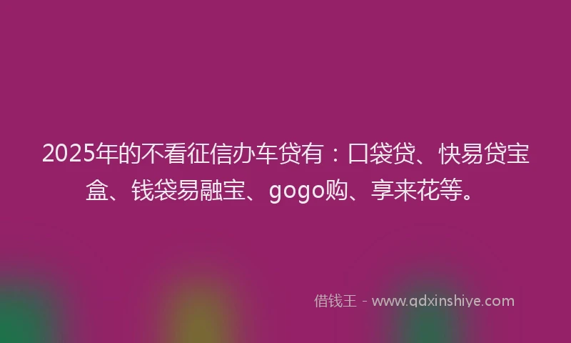 2025年的不看征信办车贷有：口袋贷、快易贷宝盒、钱袋易融宝、gogo购、享来花等。