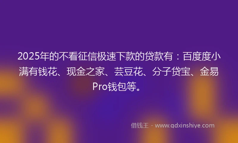 2025年的不看征信极速下款的贷款有：百度度小满有钱花、现金之家、芸豆花、分子贷宝、金易Pro钱包等。