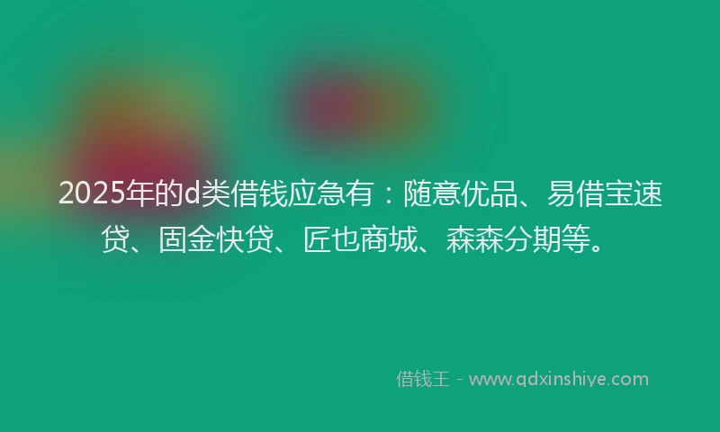 2025年的d类借钱应急有：随意优品、易借宝速贷、固金快贷、匠也商城、森森分期等。