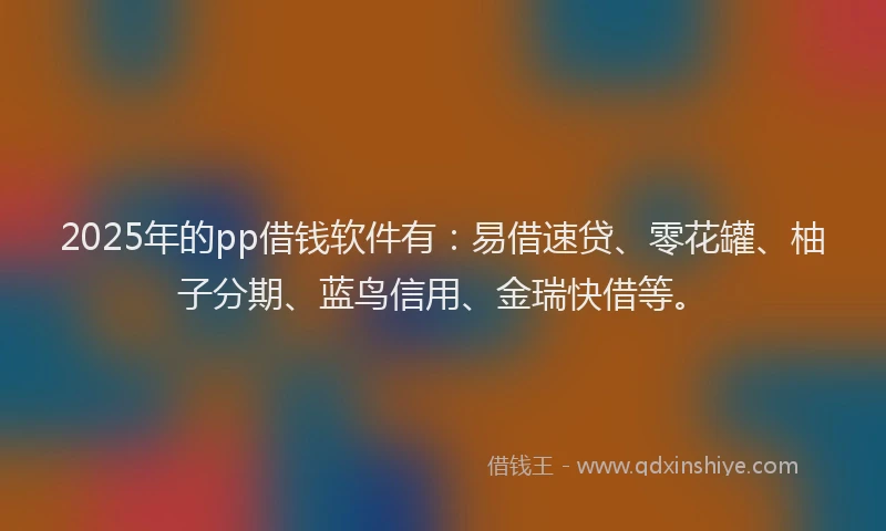 2025年的pp借钱软件有：易借速贷、零花罐、柚子分期、蓝鸟信用、金瑞快借等。