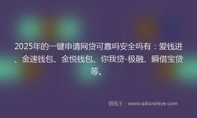2025年的一键申请网贷可靠吗安全吗有：爱钱进、金速钱包、金悦钱包、你我贷-极融、瞬借宝贷等。