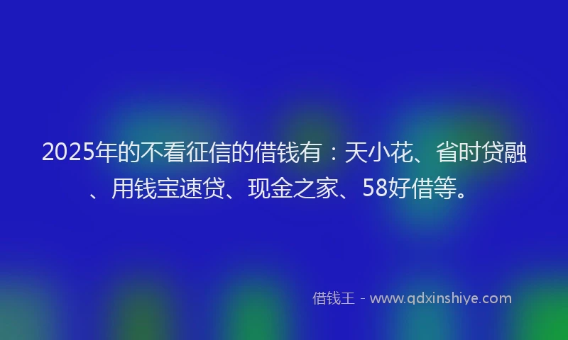 2025年的不看征信的借钱有：天小花、省时贷融、用钱宝速贷、现金之家、58好借等。