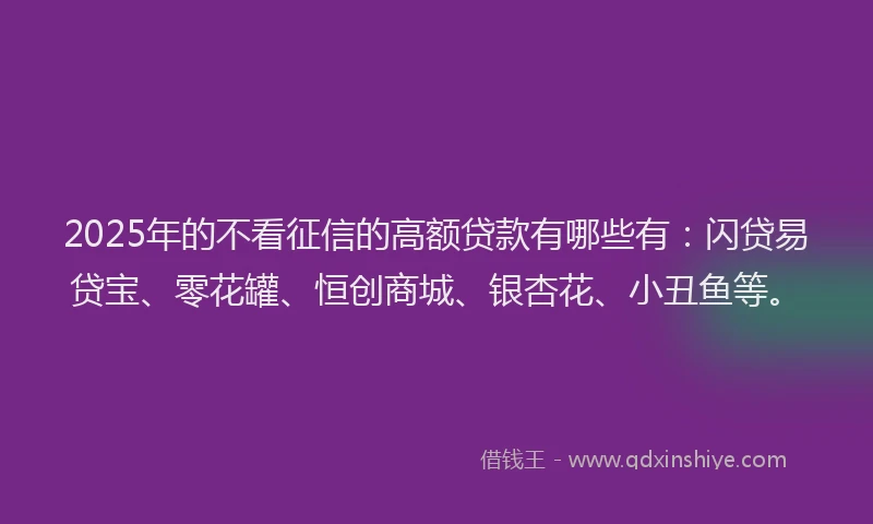 2025年的不看征信的高额贷款有哪些有：闪贷易贷宝、零花罐、恒创商城、银杏花、小丑鱼等。