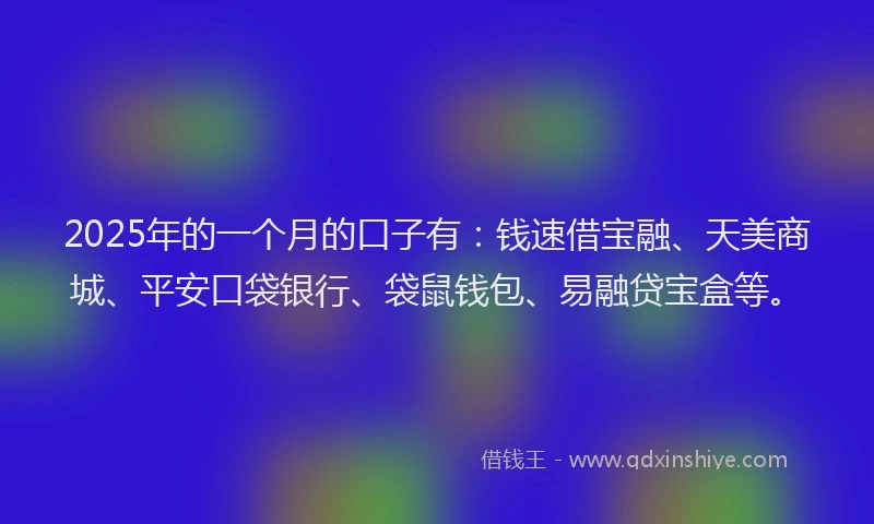 2025年的一个月的口子有：钱速借宝融、天美商城、平安口袋银行、袋鼠钱包、易融贷宝盒等。