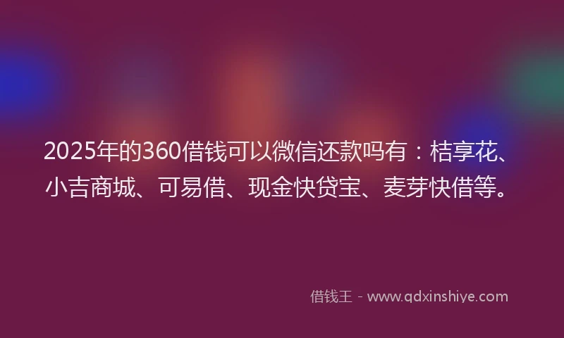 2025年的360借钱可以微信还款吗有：桔享花、小吉商城、可易借、现金快贷宝、麦芽快借等。
