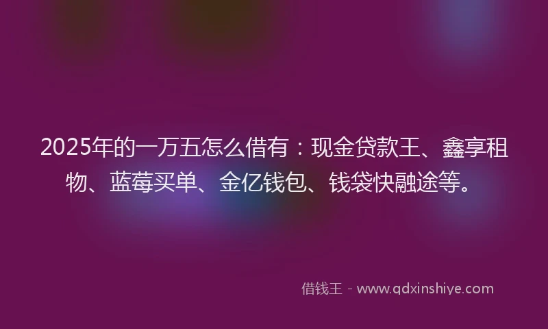 2025年的一万五怎么借有：现金贷款王、鑫享租物、蓝莓买单、金亿钱包、钱袋快融途等。