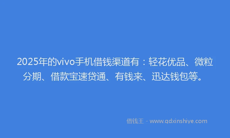 2025年的vivo手机借钱渠道有：轻花优品、微粒分期、借款宝速贷通、有钱来、迅达钱包等。