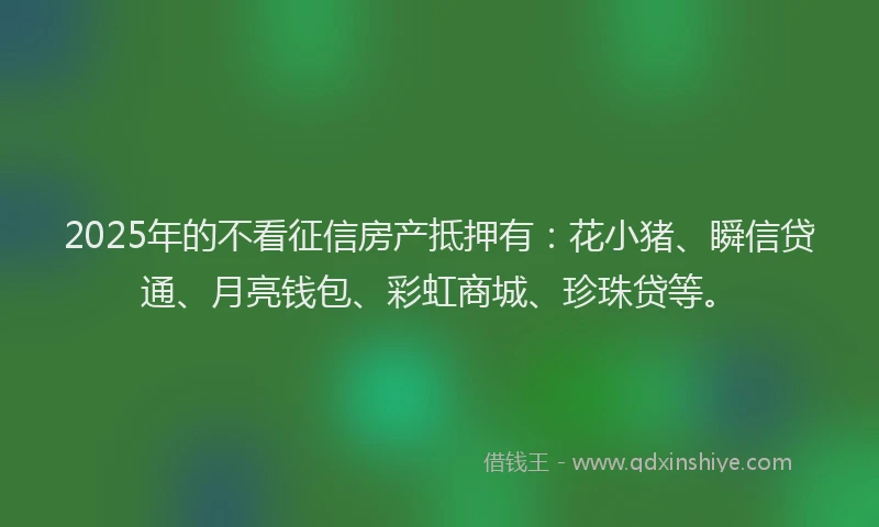 2025年的不看征信房产抵押有：花小猪、瞬信贷通、月亮钱包、彩虹商城、珍珠贷等。